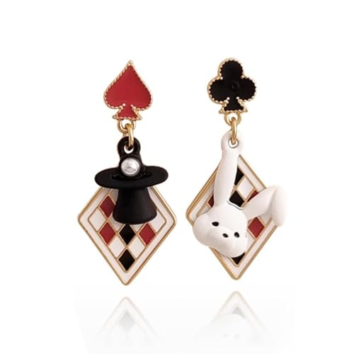 Queen of Hearts Earrings Red Heart Poker Asymmetric Rabbit Long Clock Poker Dangle Earrings Queen of Hearts Costume Women Accessories