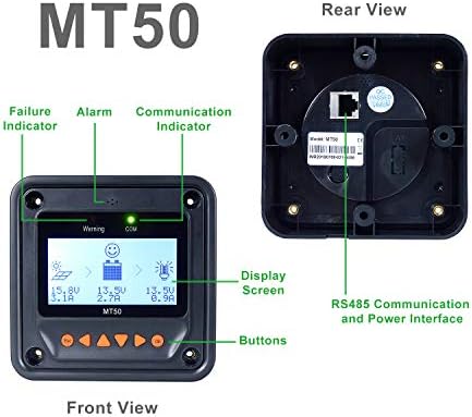 EPEVER MPPT Solar Charge Controller 30A 12/24V Auto Max PV 100V Solar Panel Regulator Remote Meter MT50+Remote Temperature Cable for Gel AGM Sealed Flooded Lithium Battery(30A+MT50+RTS)
