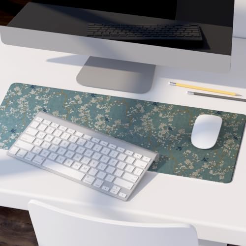Image of Vintage Chinoiserie Bird Mouse Pad,Dusty Blue Oriental Desk Mat