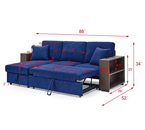 Habitrio Sectional Sofa With Pull Out Bed, Blue Linen Upholstered Loveseat Couch With Storage Chaise Lounge, Armrest With 2 Shelves, 88" L-Shaped Seat Furniture For Home Office Living Room #TOP1