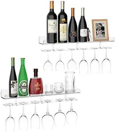 Hexsonhoma 24'' Clear Wine Glass Holder Wall Mounted 2 Pack, Acrylic Wall Bar Shelf with Removable Glasses Holder, Floating Bar Shelves for Wine Bottles, Liquor Bottles, Glasses