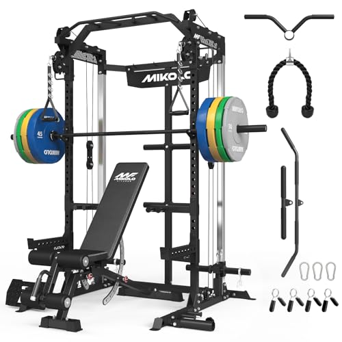 Image of Mikolo Power Cage, 2000LB Power Rack with Independent Dual Pulley System, Multi-Function Home Gym Workout Machine for Cable Crossover and Squat