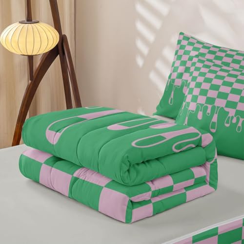 Image of Pink and Green Checkered Twin Zip Up Bedding with Deep Pocket Fitted Sheet,Non-Slip Checkerboard Drip Comforter Set for Kids,Secure Fit Cool Aesthetic Funky Geometric Bed in a Bag with Pillow Covers