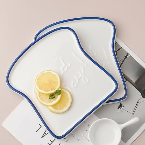 Image of Ceramic Toast Shape Serving Plate | Snack Plate for Breakfast | Decorative Dessert Plate | Microwave Safe Ceramic Plate | Unique Shaped Plate for Kitchen | Gifting Plate | Blue | 2 Piece