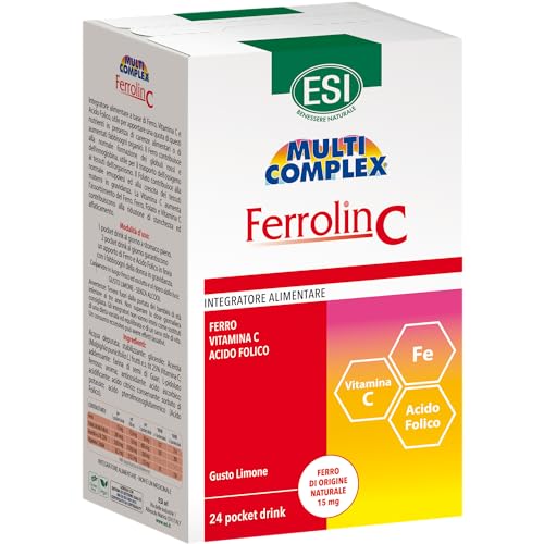 ESI - Multicomplex Ferrolin C, Integratore Alimentare di Ferro, Utile in Caso di Carenza, Contrasta la Stanchezza e Contribuisce allo Sviluppo di Globuli Rossi, Senza Glutine e Vegan, 24 Pocket Drinks