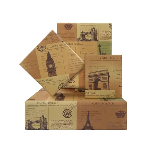 Boerni Papel de regalo vintage de la Torre Eiffel de París francés, Arco del Triunfo, Puente de la Torre de Londres, papel kraft plegado, 4 hojas para cumpleaños, bodas, baby shower, 20 x 29 pulgadas