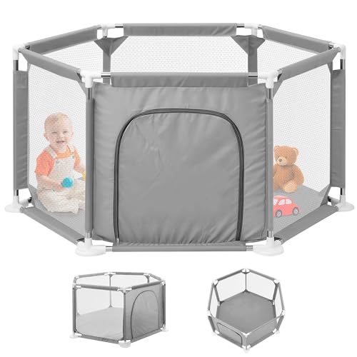 JUPPLIES Parque Infantil Bebe 127x127cm Hexagonal – Corralito Bebe con Malla Transpirable – Parque de Juegos Bebe con Puerta Lateral – Playpen Bebe sin Pelotas