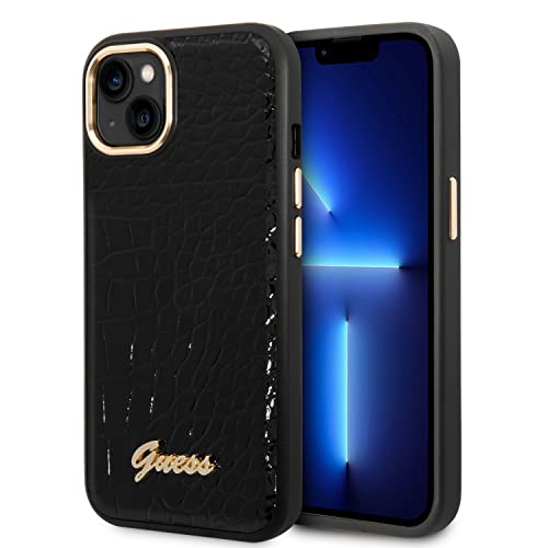 CG MOBILE Guess Coque de téléphone pour iPhone 14 Plus Motif Croco Noir Étui de protection en cuir PU anti-rayures avec ports accessibles, absorption des chocs et logo signature