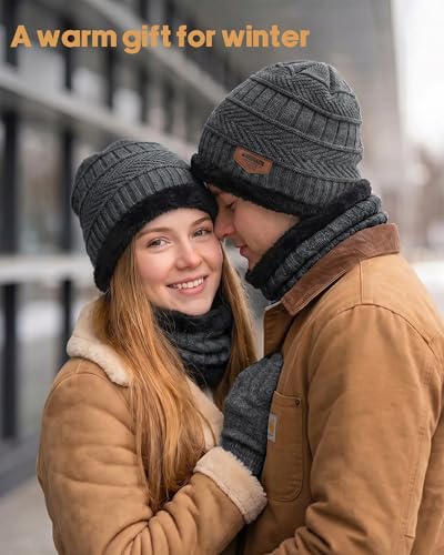 Image of Loritta Winter Hats for Men, 3 PCS Fleece Beanie Scarf Gloves Set