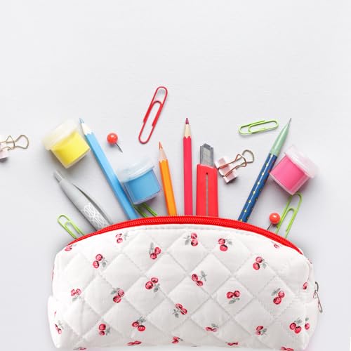 Image of Sherr Cherry Pencil Case Cute Pencil Pouch Soft Cotton Quilted Storage Bag Aesthetic Pattern Gift Makeup Pouch Cosmetic Travel Bag for Women