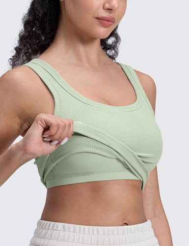 Image of CRZ YOGA Ribbed U Neck Crop Tank Tops | Medium Support, Removable Pads, Casual, Wide Straps, Longline Sports Bras for Women