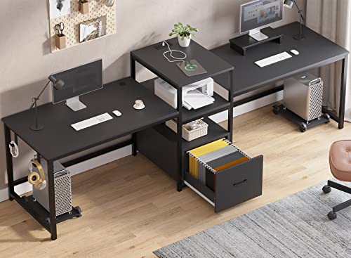 Sedeta 98" 2 Person Office Desk, Computer Desk With Letter/A4 File Drawer, Power Strip With Usb, Long Desk For Home Office With Storage, Printer Shelf, Monitor Stand, Black #TOP7