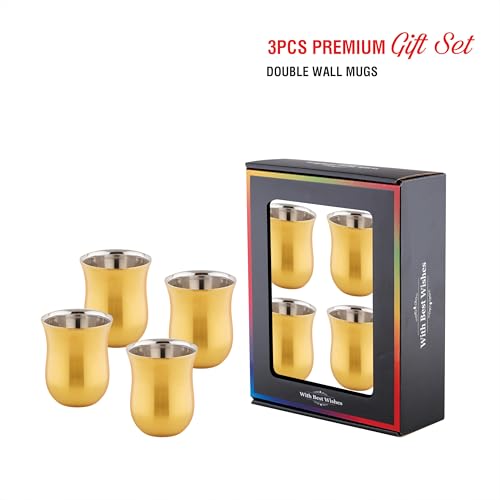 Image of Classic Steels |Delight Gold PVD Double Wall Stainless Steel Mug (Set of 4) 120 ml | Tea & Coffee Cups |Insulated Premium Gift Set for Home Office Wedding & Corporate Gifting