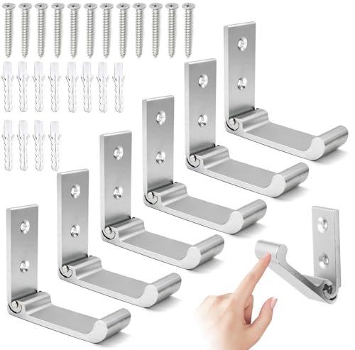 BetterJonny 6 Pcs Folding Coat Hooks, Heavy Duty Foldable Hooks Wall Mounted Aluminum Alloy Wall Hanger Hook for Hanging Coat, Bags, Hat, Backpacks, Keys with 12pcs Screws Set, Silver