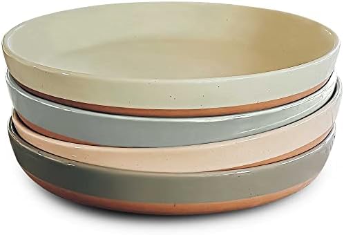 Mora Ceramic Flat Pasta Bowl Set of 4 - 35oz, Microwave Safe Plate with High Edge - Modern Porcelain Dinnerware for Kitchen and Eating, Large Wide Bowls/Plates for Serving Dinner, Salad, etc- Neutrals