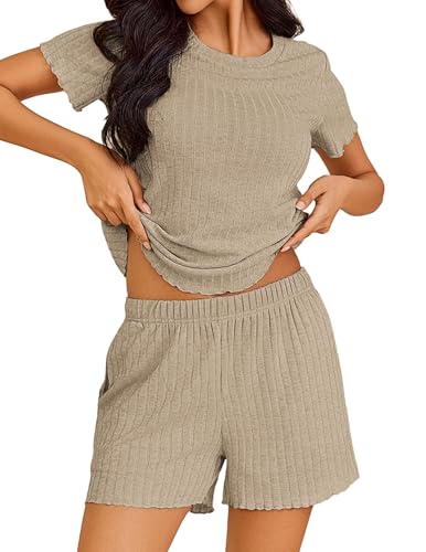Ekouaer Pajamas Sets for Women Ribbed Knit Sleepwear Set Soft Short Sleeve Pjs with Pockets Casual Lounge Sets with Pockets Beige L