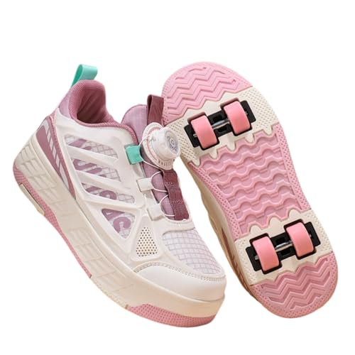 Surwin Zapatillas con 4 Ruedas Niña, Zapatos con Patines para Niñas Zapatos Deportivos de Niños con Ruedas 2 en 1 Hebilla Giratoria Zapatillas de Skateboard 30-40 EU Roller Skate Shoes (Rosa B,33)