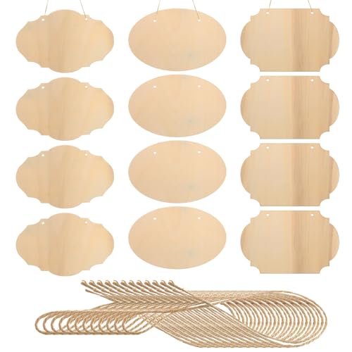 QUARKZMAN Artesanías de Madera Sin Terminar Letreros de Madera Rectangular con Cuerda en Blanco para Pintar Escribir Colgar en Puertas Decoración del Hogar 12 Piezas
