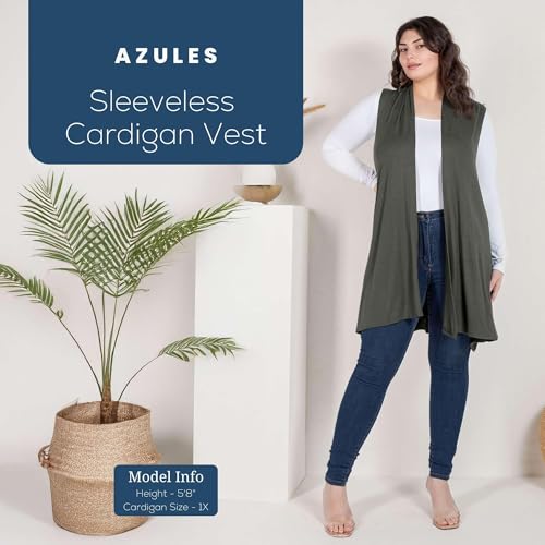 Image of Azules Sleeveless Long Cardigan for Women with Pockets - Lightweight Open Front, Flowy Dressy Layer for Work or Casual Wear
