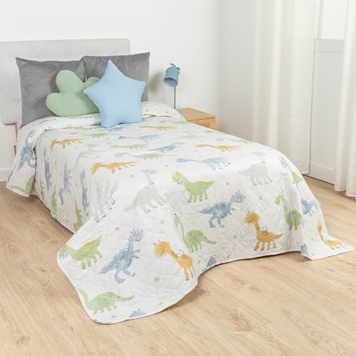 TRAMAS+ Colcha Infantil de Verano y Primavera, Microfibra Acolchada Estampada, 180 x 270 cm, Diseño Divertido para Cama Individual 90 cm - Bronto