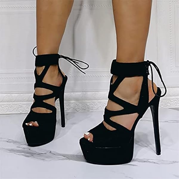 Högklackade sandaler 16 cm plattformsbankett dam ankelstövlar, svart-39 Happy house