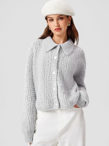 Image of CIDER Cardigan Sweater for Women Collared Button Down Chunky Wool-Blend Crop Cute Knitted Tops