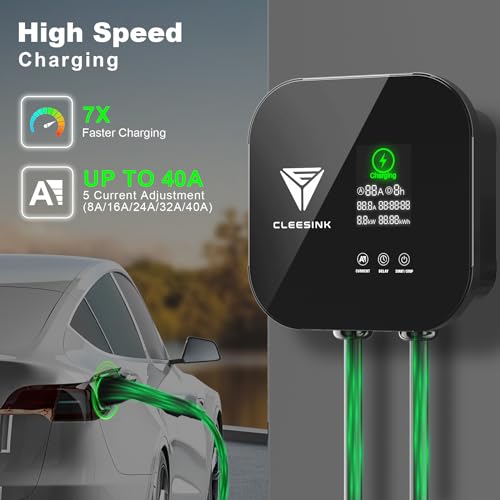 CLEESINK Level 2 EV Charger, 40A 240V Indoor/Outdoor Electric Vehicle Charging Station, NEMA 14-50, 23ft Cable UL Listed Home Electric Car Universal Wall Charger EVSE, Settable Amps & Time, Black — view 2