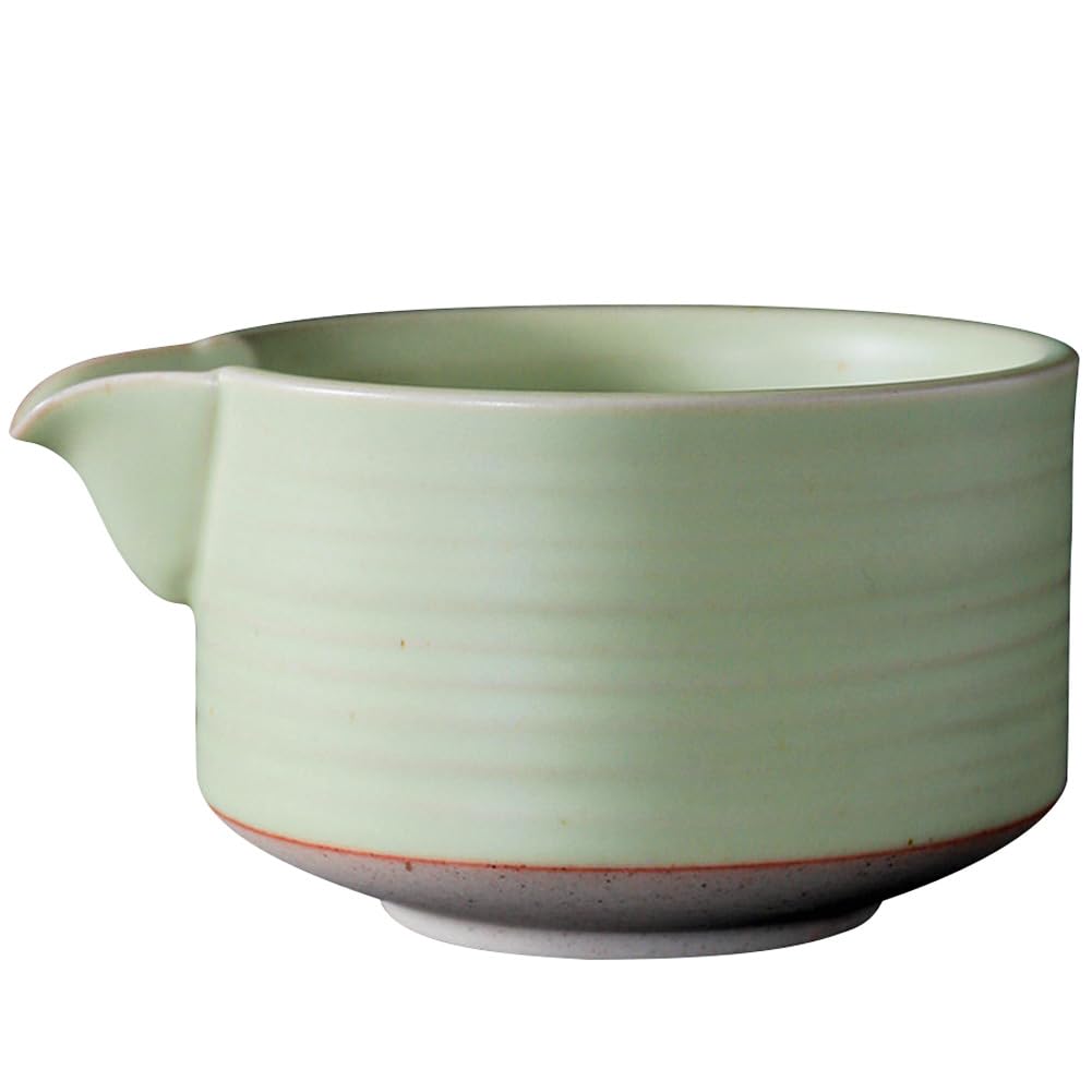 OUGETHER Matcha Traditional Porcelain Tea Bowl with Pour Spout - Hand Made Porcelain with Light Green Matte Glaze - Perfectly Whisked Matcha Green Tea, 430ml/ 14.5oz