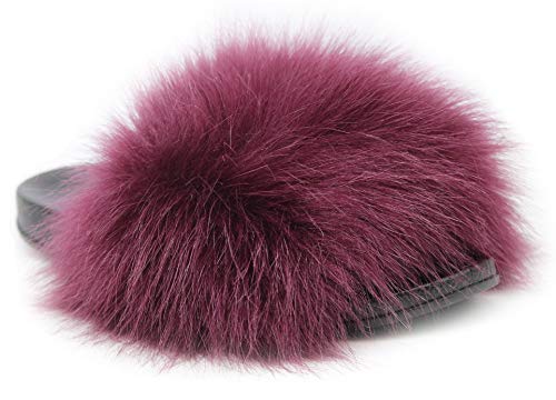 Image of Faux Fur Slides for Women, Fuzzy Slippers Fluffy Sandals Furry House Shoes Indoor Outdoor