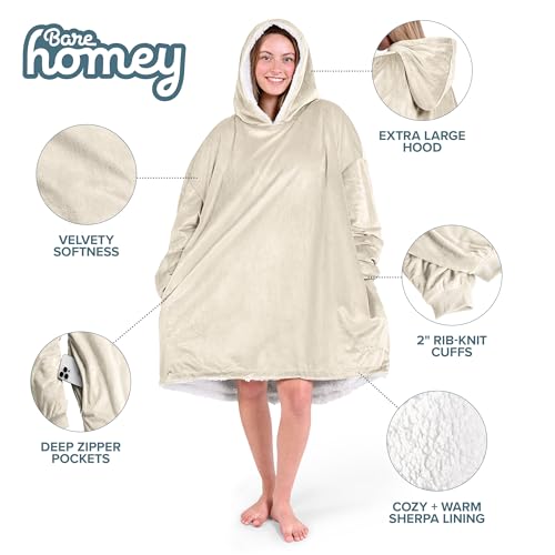 Image of Bare Home Wearable Blanket Hoodie - Soft Plush Sherpa - Warm and Cozy - Oversized Wearable Blanket