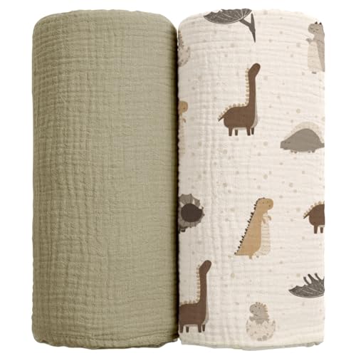 Image of lulumoon Baby Muslin Swaddle Blankets: Soft Receiving Blanket for Newborn - Cotton Swaddling Blanket for Neutral 2Pack(Dinosaur)