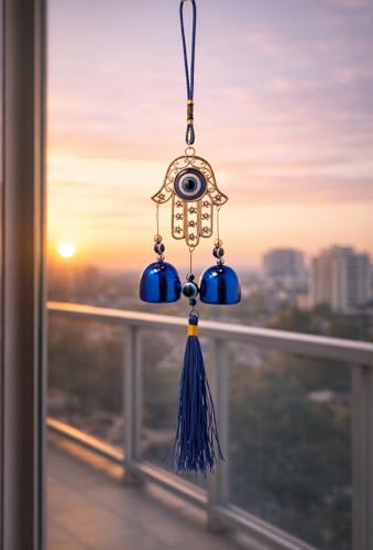 Image of Decorative Wind Chime for Home | Wooden House with Bells Colourful Beads | Positive Energy Balcony Living Room Hall Garden Home Decor (Hand Evil Eye)
