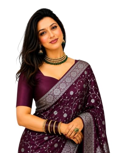 Image of Women's Glory Banarasi Satin Kanjivaram Saree Silver Zari Border Pure Soft Blend Silk Sari Kanchipuram Paithani Silk Party Wedding Festive New Ladies Sadi with Unstiched Blouse Piece.