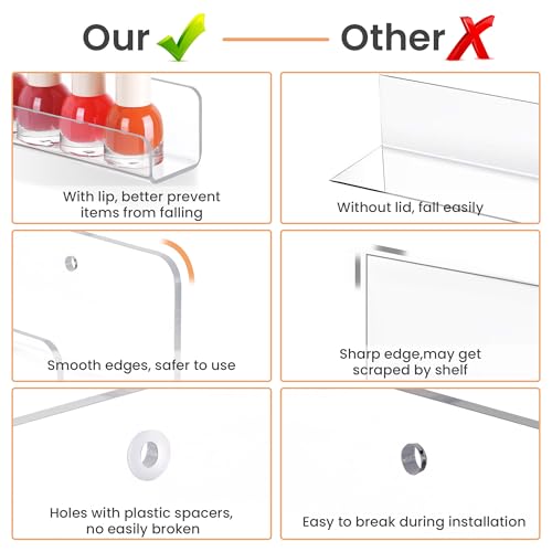 Image of upsimples 10 Pcs 12 inch Clear Acrylic Shelves, Small Shelf for Wall Display | Narrow Floating Shelves for Nail Polish, Vinyl Wall Mount, Record Holder, Magazine Rack, Comic Display, Picture Ledge Shelf