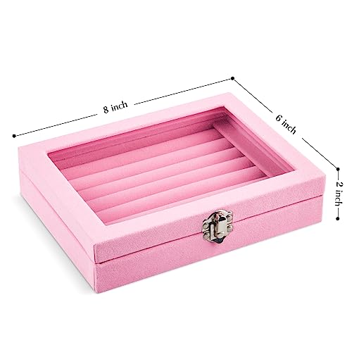Jutieuo 7 Slots Ring Holder Storage Box Pink Velvet Ring Display Case Jewelry Earrings Necklace Organizer Tray With Top Glass Lid Store Showcase Gift For Women Girls #TOP1