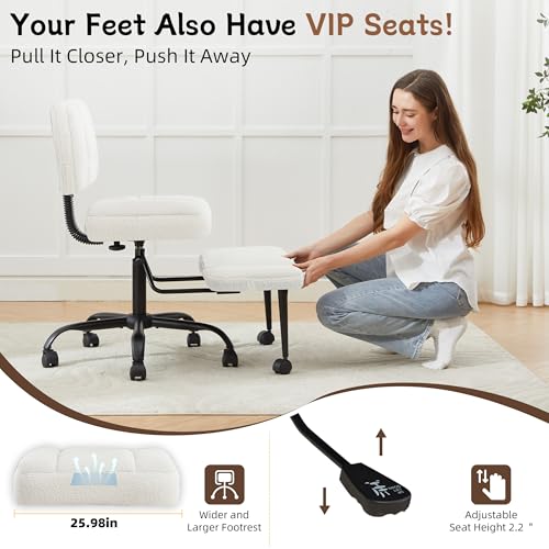 Image of Ergonomic Criss Cross Legged Office Chair, ADHD Chair, 360 Swivel Meditation Kneeling Chair with Wheels, Adjustable Footrest, Wider Height Adjustable Seat, Lumbar Support, Teddy Fabric, OffWhite