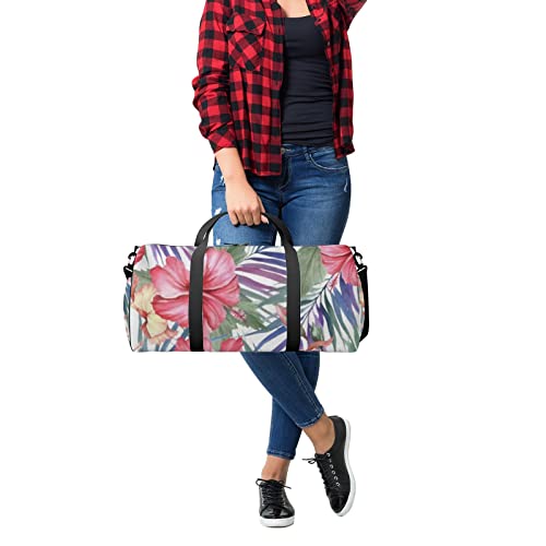Bolsa de viagem grande para homens e mulheres, bolsa de viagem tropical com folhas de palmeira e hib