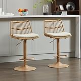 Sudwesto Rattan Bar Stool Set of 2, Linen Upholstered Barstool with Backrest, Swivel Bar Chair with Footrest, Dining Bar Stool with Round Base, Counter Height Chair for Dinging Room (Beige+Natural)