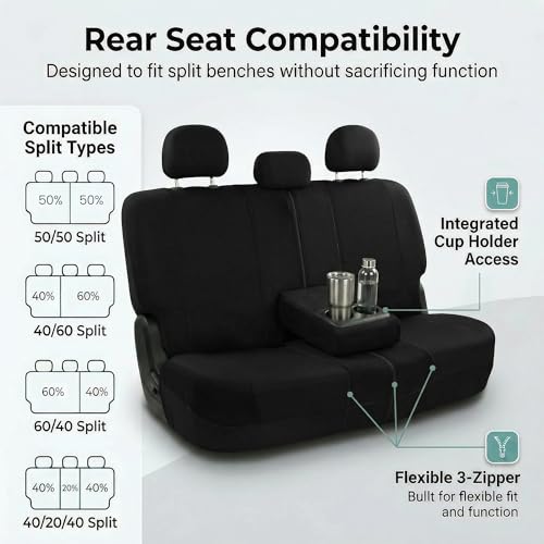 Image of FH Group Universal Car Seat Covers Full Set for SUV Truck Sedan Vans | All-Purpose Cloth Seat Cover Set Airbag Compatible Washable Split Bench Protector Interior Upgrade - Black