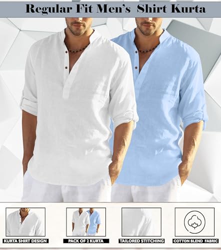 Image of Zombom Men's Combo Cotton Polyester Blend Solid Full Sleeve Straight Regular Fit Mandarin /Chinese Collor Kurta (Pack of 2)