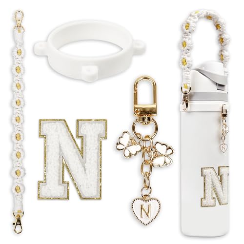 Cute Letter Charm Set with Secure Handle Strap, Silicone Ring, Monogram Sticker and Personalized Decoration for Owala Compatible Water Bottle, Travel Carry, School, Gift and Daily Use (White, N)