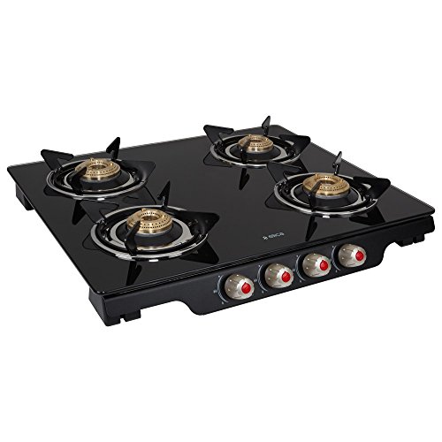 Image of Elica Glass 4 Burner Auto Ignition Open Gas Stove (Patio Ict 460 Blk Ai S), Black
