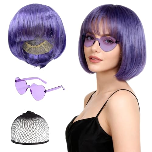 FUIPVGI Juego de Peluca y Gafas de Sol de Color Morado, Pelucas Sintéticas Rectas Cortas con Flequillo, Gafas de Sol y Gorro de Peluca para Mujeres y Niñas Carnaval Halloween Cosplay (Púrpura)