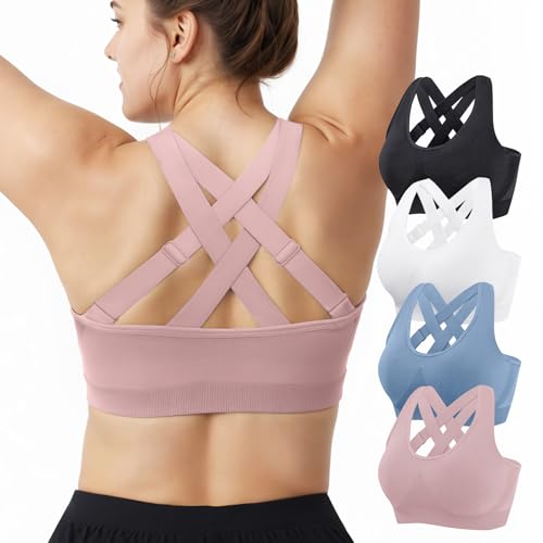 FITTIN Support Sports Bras for Women: Padded 3 Pack Adjustable Crossback Workout Bra for Gym Dance Fitness - Plus Size Full Coverage Comfortable for Cups C-DDD Large Bust Lady