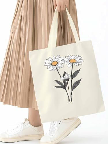 Canvas Tote Bag, Nature Daisy Flowers Cute Pastel Floral Aesthetic Canvas Tote Handbags for Women Shoulder Bag2