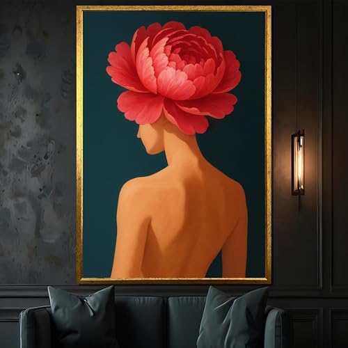 Tableau sur toile femme avec fleur rouge 60x80cm minimaliste sans cadre