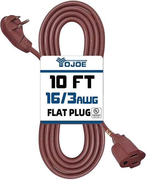 YOJOE Flat Plug Indoor Extension Cord 10 ft, 3 Prong 13A Power Cord, 16 Gauge Heavy Duty Brown Extension Cord for Garage, Office and Home, 16/3 SJTW,