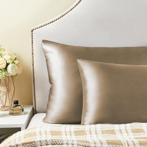 Image of Go Well Bonnet for Curly Hair with Free Satin Pillow Covers and Scrunchies | Silk Bonnet for Hair | Combo of Pack of 2 Satin Pillowcases with 3 Silk Scrunchies Adjustable HairCap (khakhi)