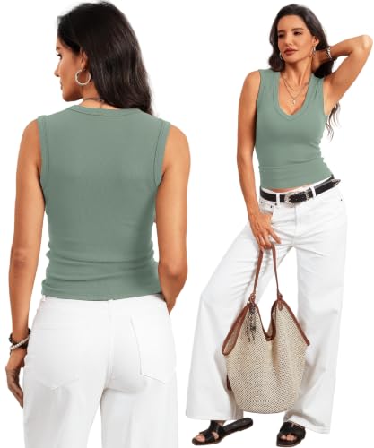 Image of Prettywear Deep V Neck Tank Tops for Women 2026 Summer Fashion Clothes Sexy Casual Ribbed Fitted Sleeveless Going Out Tops