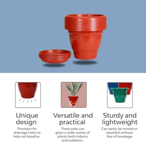 Image of Plant Pots | Plant pot with Bottom Tray | Plant Pots for Home | Pots for plants | Flower pots for Indoor & Outdoor | Plastic Pots with plates| 5 pieces , 18 inches , Red | With mark for Drainage Hole